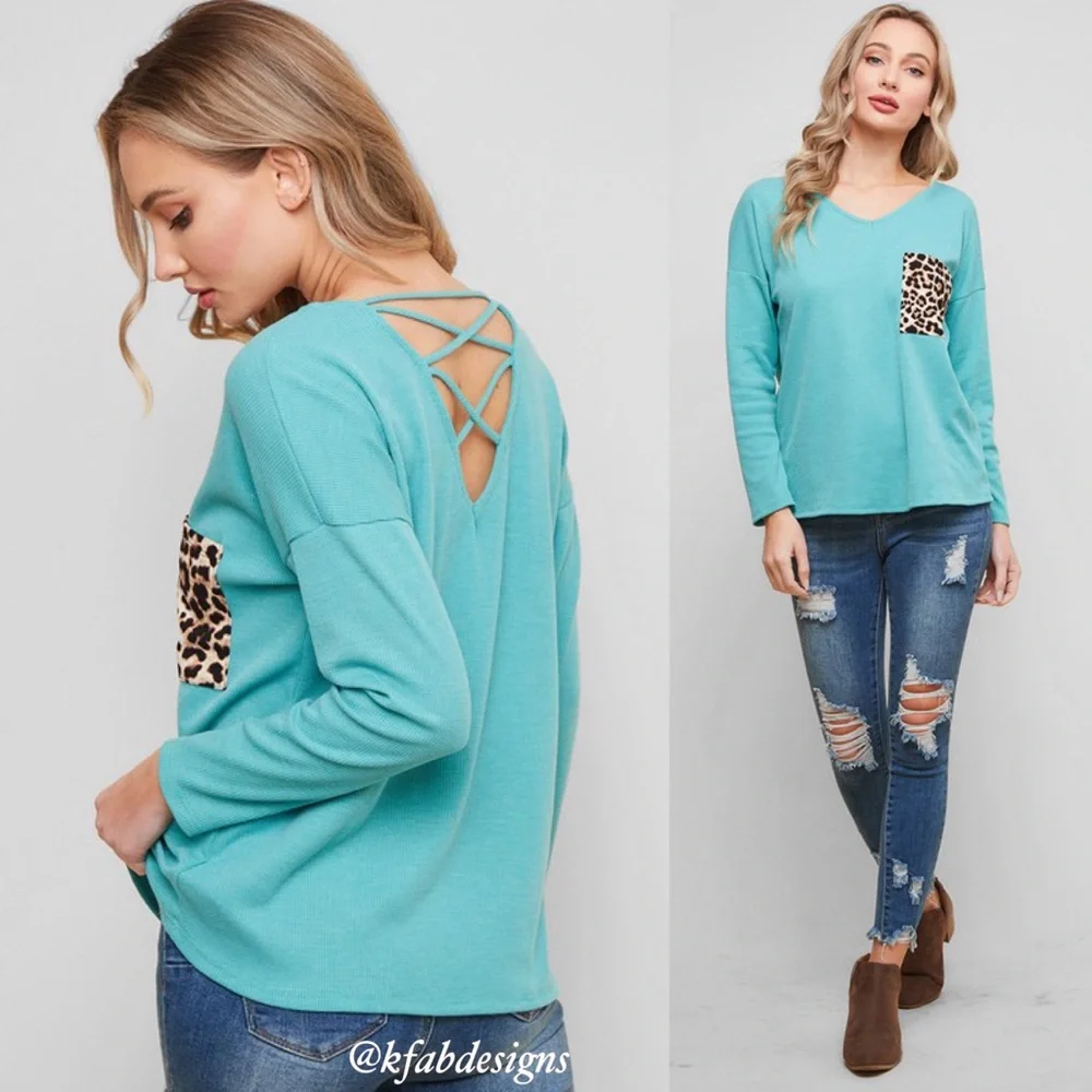LAST 1! Neck Beautiful Mint Soft Animal Print Detail Criss Cross Back Top! - Picture 2 of 5